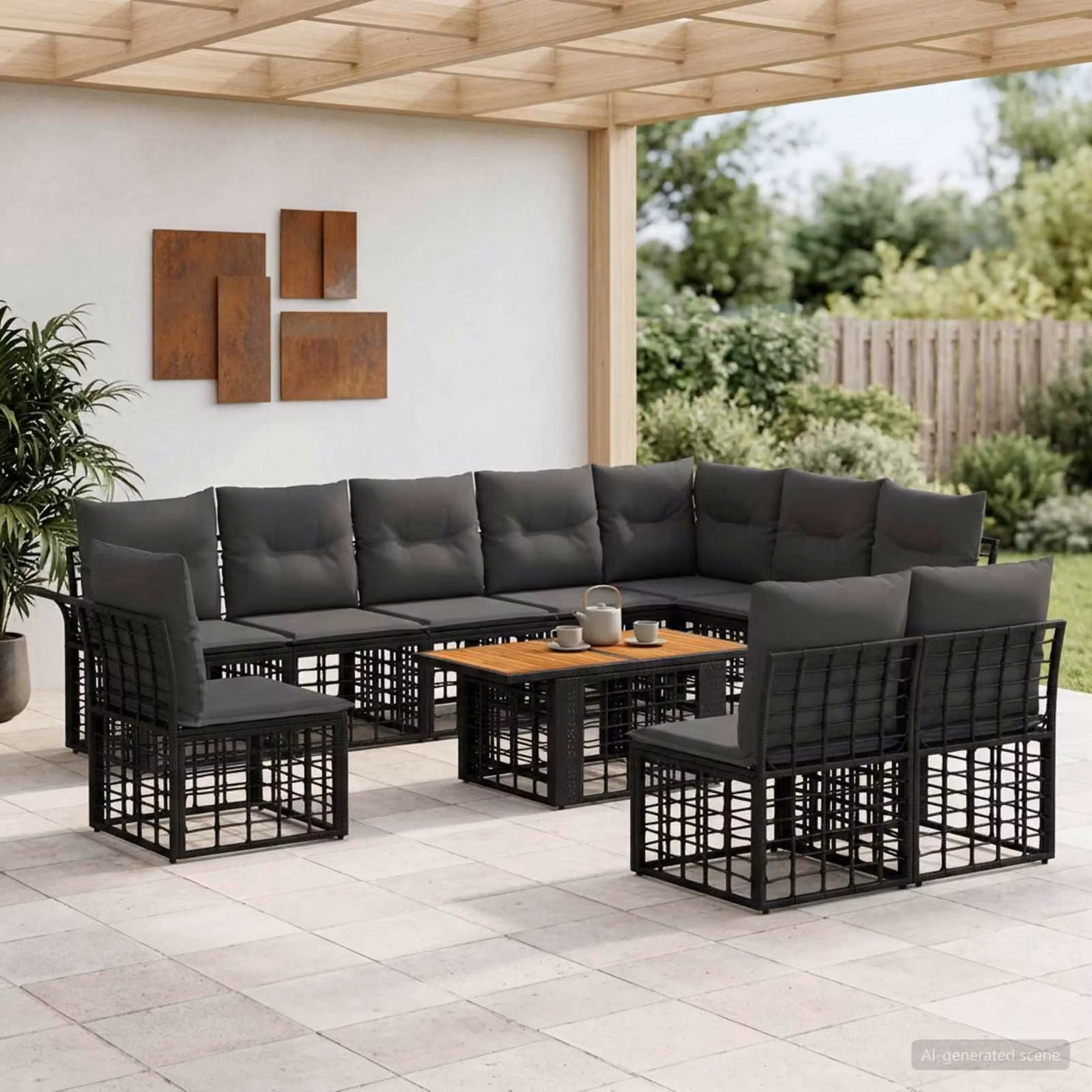 Set Divano da Giardino vidaXL 11 pz in Polyrattan con Cuscini, Forma a L e Tavolino, Nero e Grigio