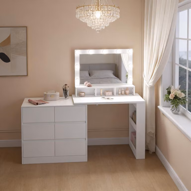 Tavolo multifunzione 2 in 1 con 6 ampi cassetti, design a forma di L. Può essere utilizzato come comò, scrivania o tavolo da trucco con illuminazione LED regolabile (solo per la versione da tavolo da trucco)