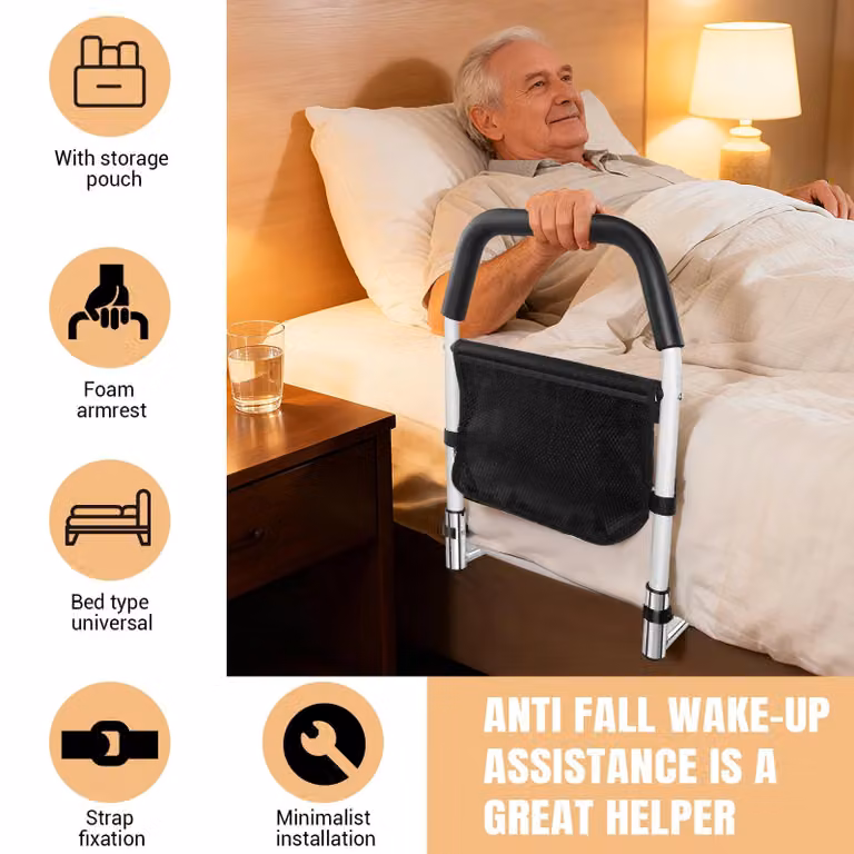 Supporto per il letto - Ringhiera per il letto - Ausilio per alzarsi - Protezione contro le cadute - Metallo - Per il montaggio - Per anziani - Con tasca portaoggetti