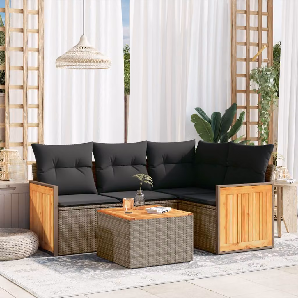 Set Divano da Giardino vidaXL 5 pz a Forma a L in Polyrattan Grigio con Cuscini e Tavolino