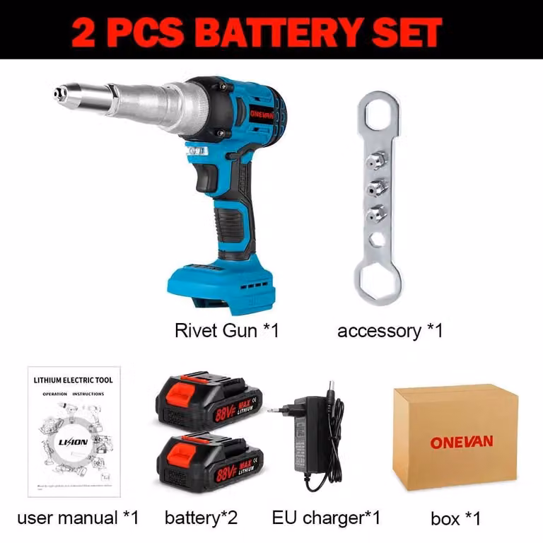 Pistola rivettatrice elettrica - Rivettatrice a batteria senza spazzole - 2,4–5,0 mm - Automatica - Set con 2 batterie - Oro