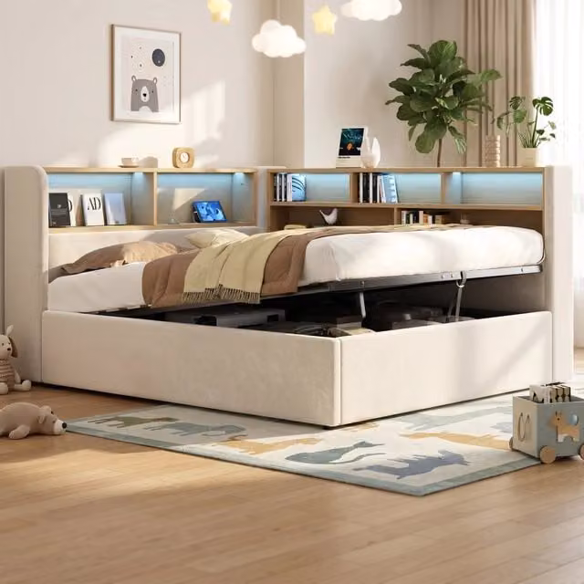 Letto contenitore 140x200 cm con sollevamento idraulico; LED; prese USB e rivestimento in velluto beige