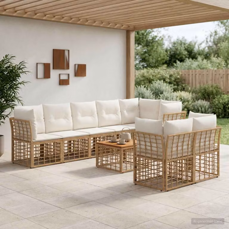 Set di divani da esterno vidaXL 9 pezzi a forma di U con tavolino, struttura in acciaio verniciato e cuscini beige e bianco crema