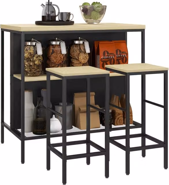 Set Bar Xylo composto da 1 Tavolo Rettangolare e 2 Sgabelli in Rovere e Metallo Nero