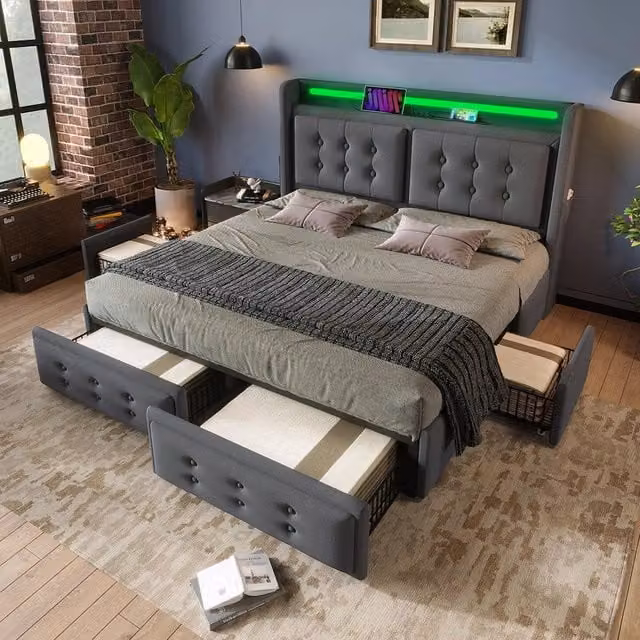 Letto con cassetti adulto - Xylo - 180x200 cm - Grigio - Testiera LED e USB-C, 4 cassetti