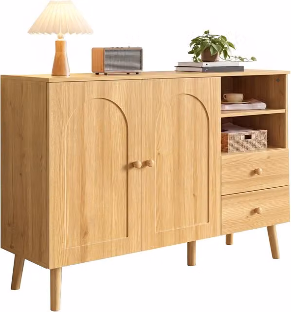 Credenza in MDF con 2 ante, 2 cassetti e vani aperti per soggiorno, sala da pranzo o ingresso, L/P/H: 118 x 35 x 82 cm, beige e marrone