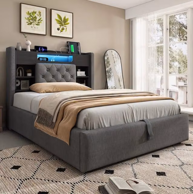 Letto 90x200 cm con contenitore idraulico e LED in lino grigio