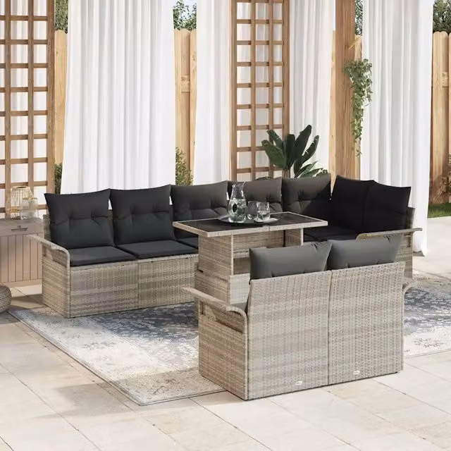 Set Divano da Giardino a Forma di U con 9 Pezzi vidaXL Grigio con Cuscini e Tavolino da Caffè in Rattan e Metallo
