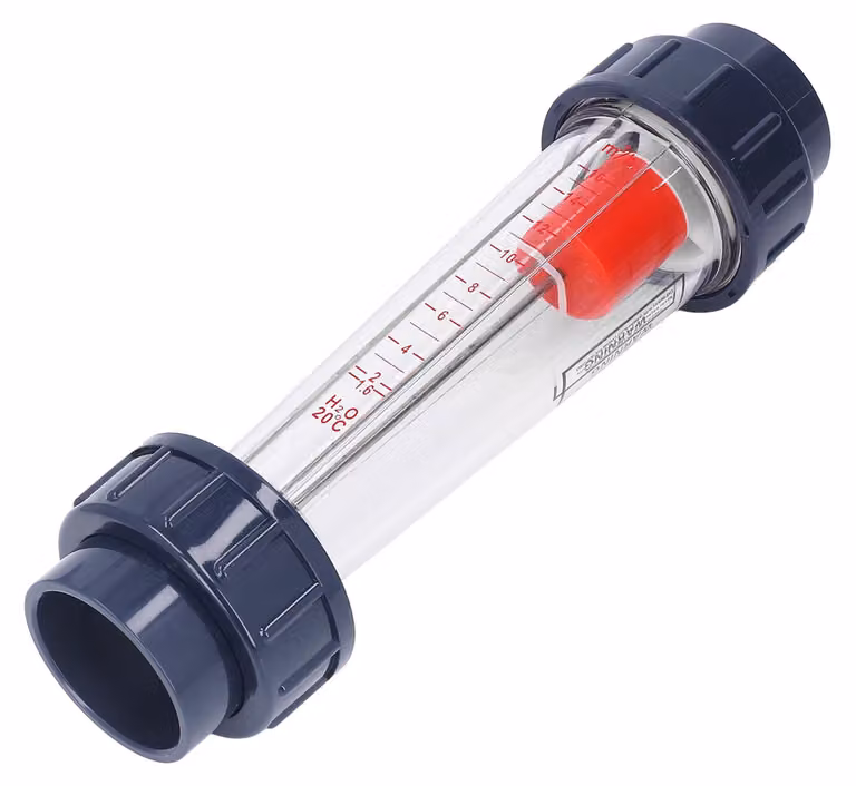 Misuratore di portata per liquidi. Portata: 1,6-16 m³/h. Tubo in plastica con galleggiante in ABS per la misurazione