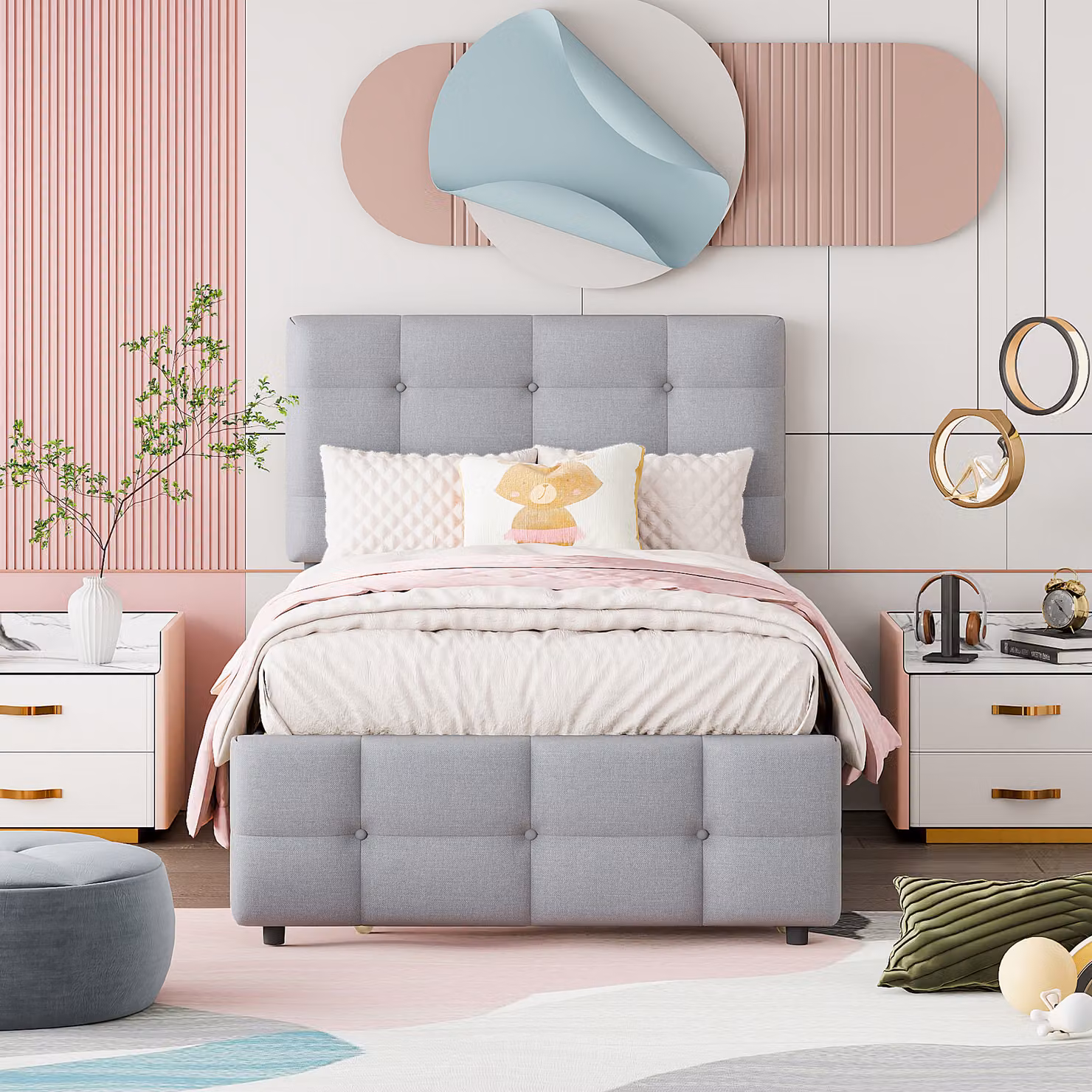 Letto per ragazzi STILVORA 90x200, letto imbottito per bambini con letto estraibile, letto singolo con testiera regolabile in altezza, senza materasso, grigio