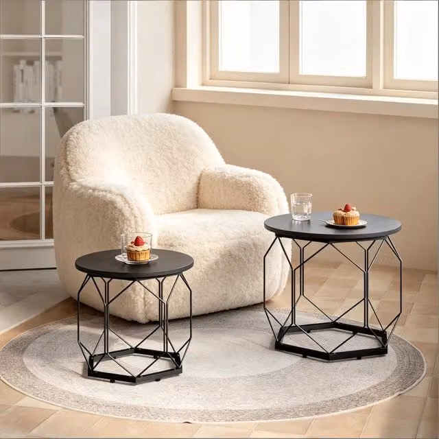 Set di 2 tavolini da salotto rotondi OKWISH in legno e metallo nero con finitura opaca e design moderno – 1