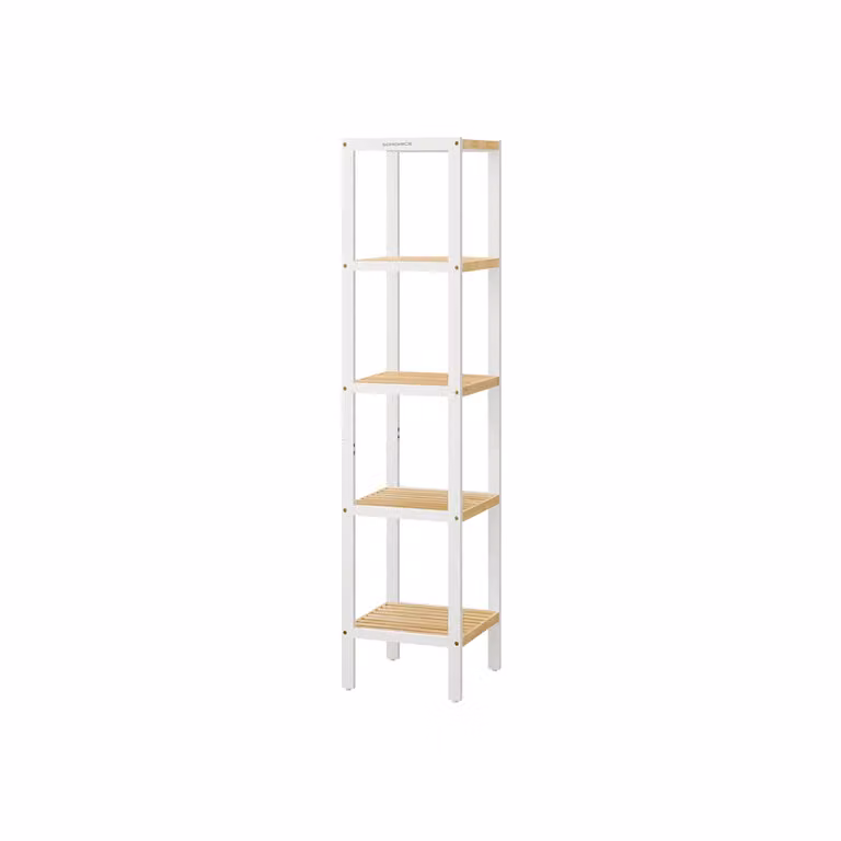 Scaffale da Bagno in Bambù Salvaspazio e Multifunzionale, Bianco Nuvola + Beige Naturale