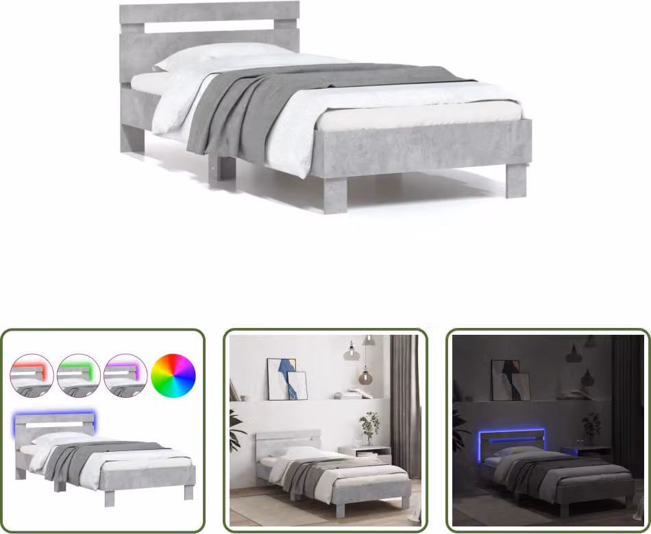 The Living Store Struttura letto con testiera e luci LED grigio cemento 75x190 cm