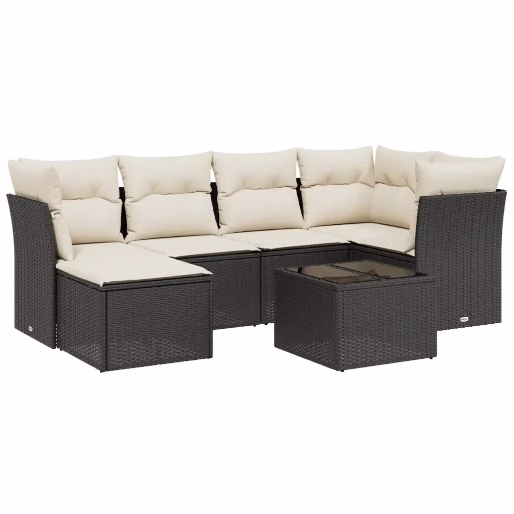 Set Divani da Giardino vidaXL a Forma di L con 7 Pezzi, Colore Nero e Bianco, con Cuscini e Tavolino, Design Moderno in Polyrattan e Metallo – 2