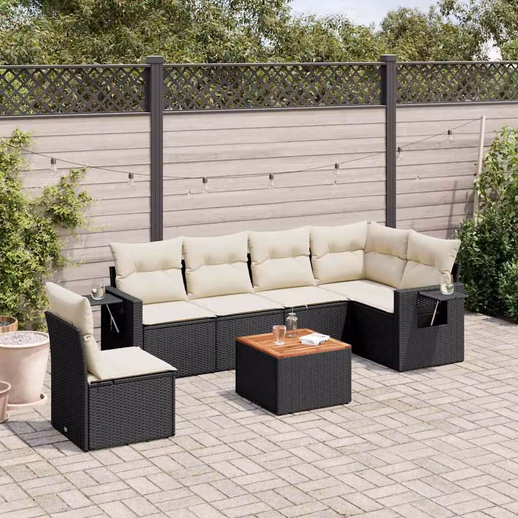 vidaXL Set Divani da Giardino a L con Cuscini 7pz in Polyrattan Nero e Acacia – 1
