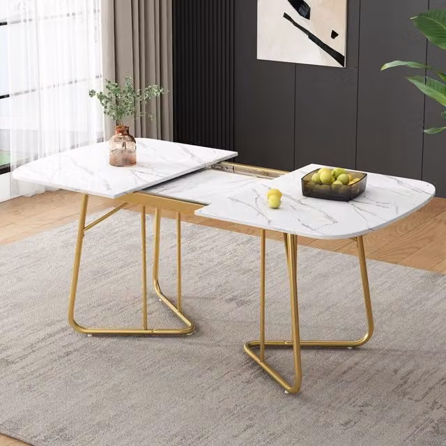 Tavolo da pranzo allungabile bianco 140/180x80 cm, struttura marmo, gambe metallo dorato, stile lusso, per 4-6 persone