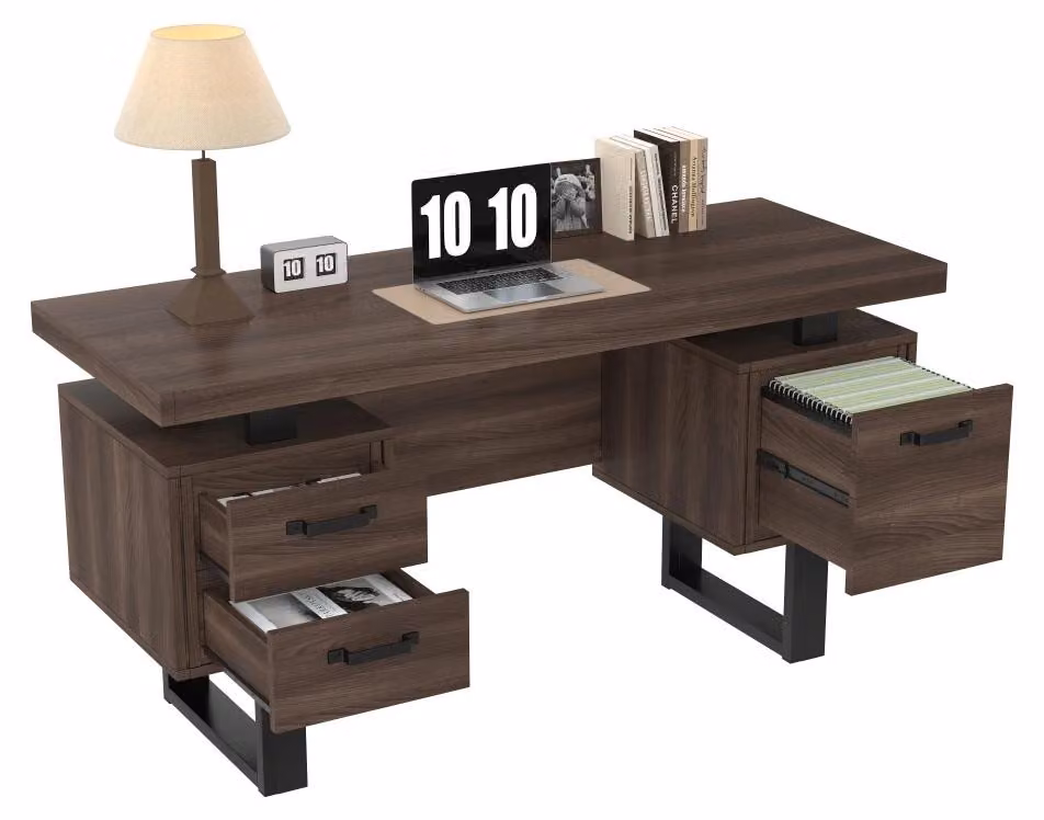 Scrivania - Piano di lavoro - Pannello MDF - Cassetto portaoggetti - Piano del tavolo resistente all'acqua - Struttura in legno - 135 x 54 cm - Marrone scuro