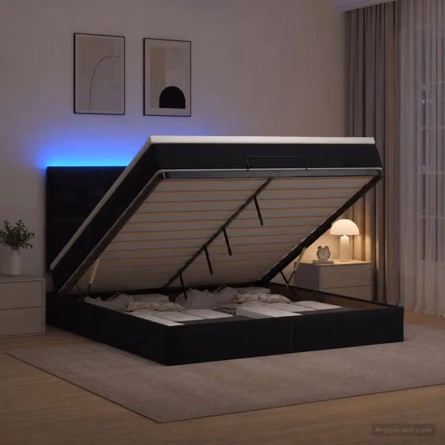 Letto Ottomano vidaXL in Velluto con Materasso Ibrido e Illuminazione LED Sotto il Letto, L/P/H: 160 x 200 x 88 cm, Nero e Bianco – 1