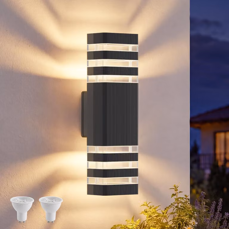 Lampada da parete per interni/esterni, grado di protezione IP65, attacco GU10, luce direzionale verso l'alto e verso il basso, temperatura di colore 3000K, tecnologia LED, colore nero