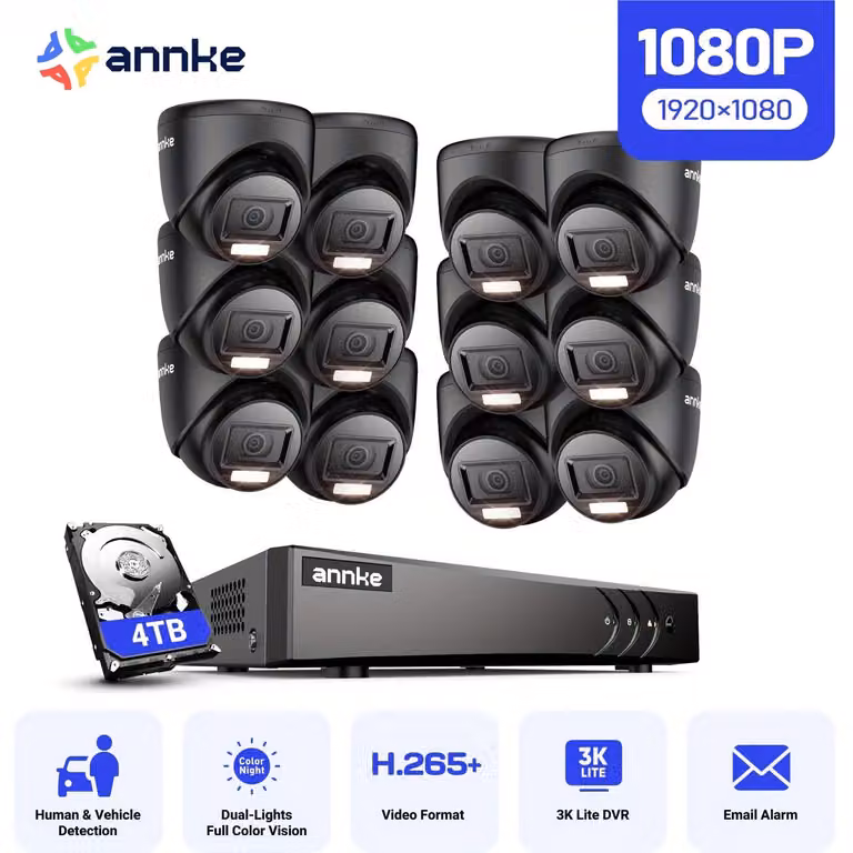 Sistema di videosorveglianza - Telecamera di sicurezza - Kit di sicurezza - Videosorveglianza CCTV - Wireless - 12 telecamere a torretta da 1080P