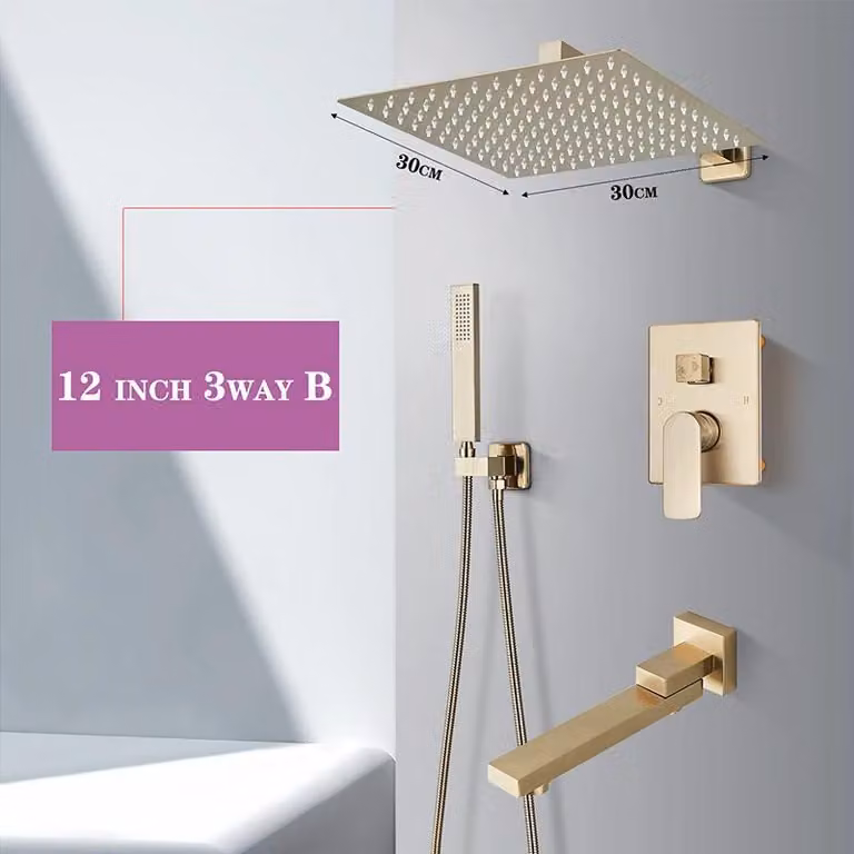 Set doccia da incasso con soffione a pioggia - Miscelatore monocomando a 3 vie - Soffione da 30 cm - Bocchetta di scarico a cascata per vasca - Miscelatore monocomando per acqua calda/fredda - Finitura oro spazzolato