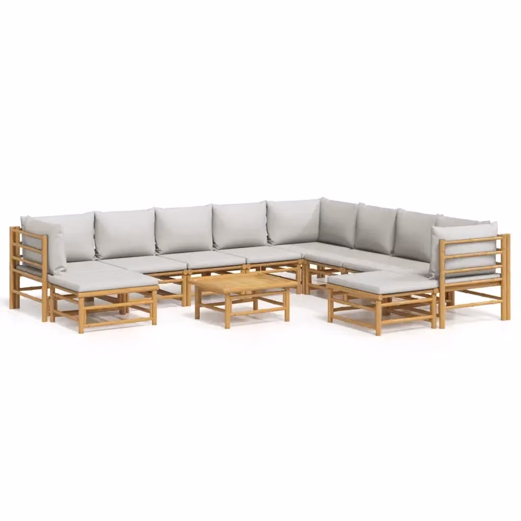 Set Salotto da Giardino Moderno vidaXL in Bambu con Cuscini Grigio Chiaro 11 Pezzi – 2