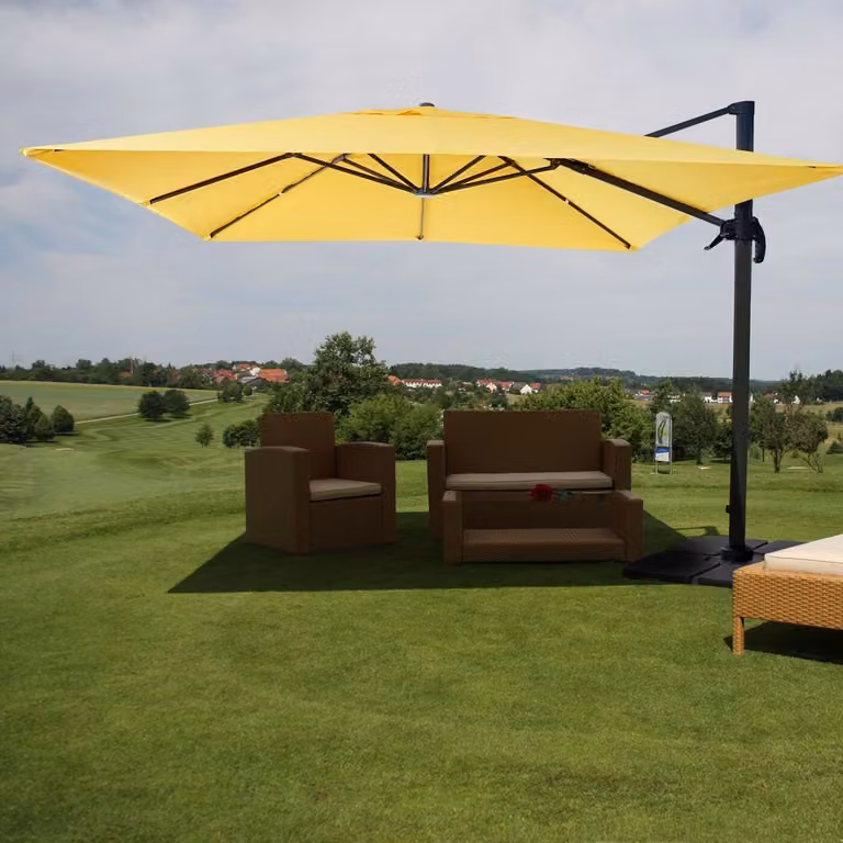 Ombrello semaforo gastronomico HWC-A96, ombrellone 3x3m (Ø4,24m) poliestere alluminio/acciaio 23kg ~ giallo con supporto
