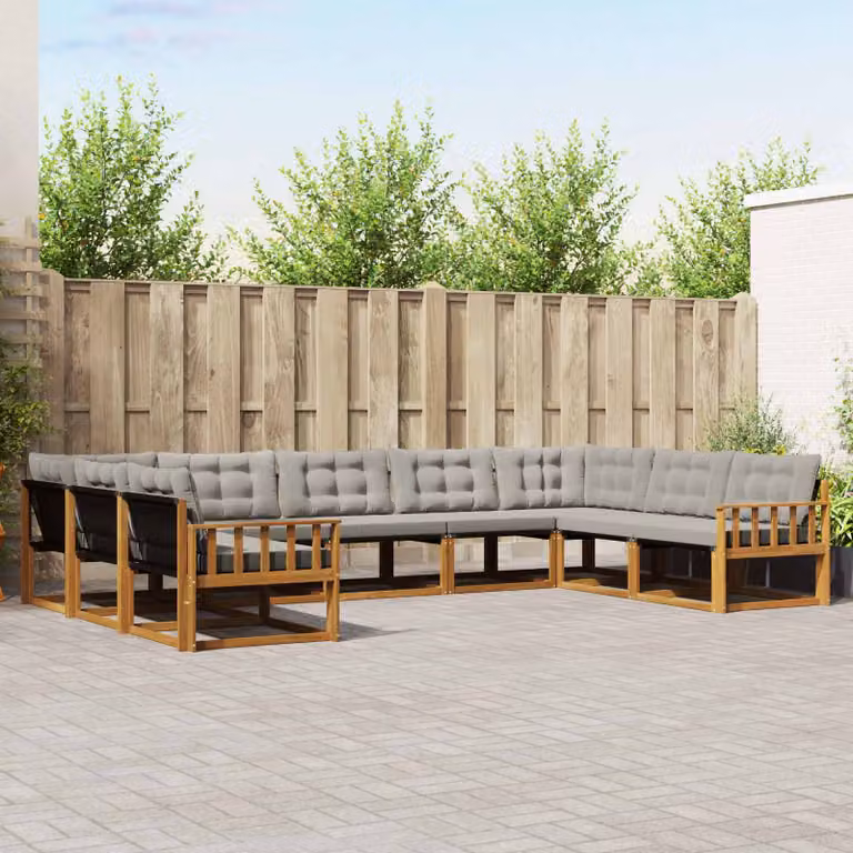 Set di divani da esterno vidaXL 9 pz in legno di acacia e textilene Grigio, composizione a L con cuscini inclusi per giardino e terrazza