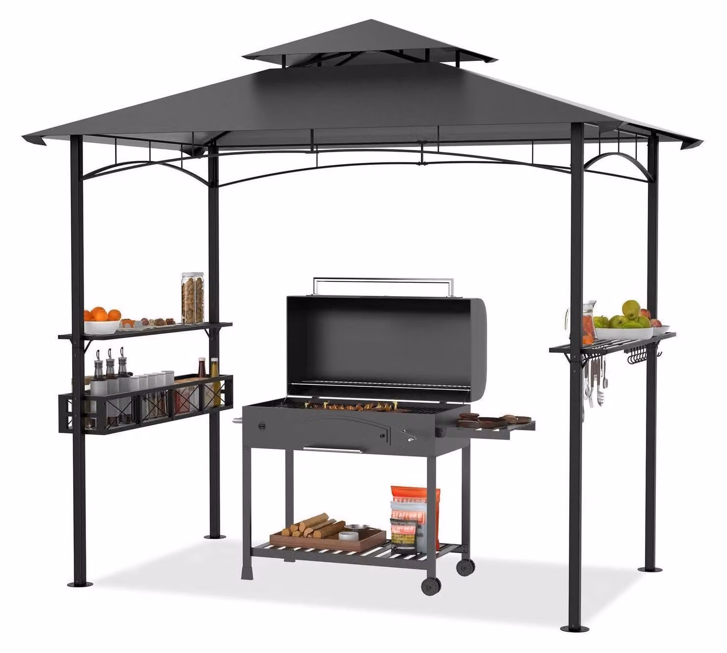Gazebo da barbecue, dimensioni 244x138x250 cm, con bancone bar, tetto a doppio strato, protezione UV, colore grigio