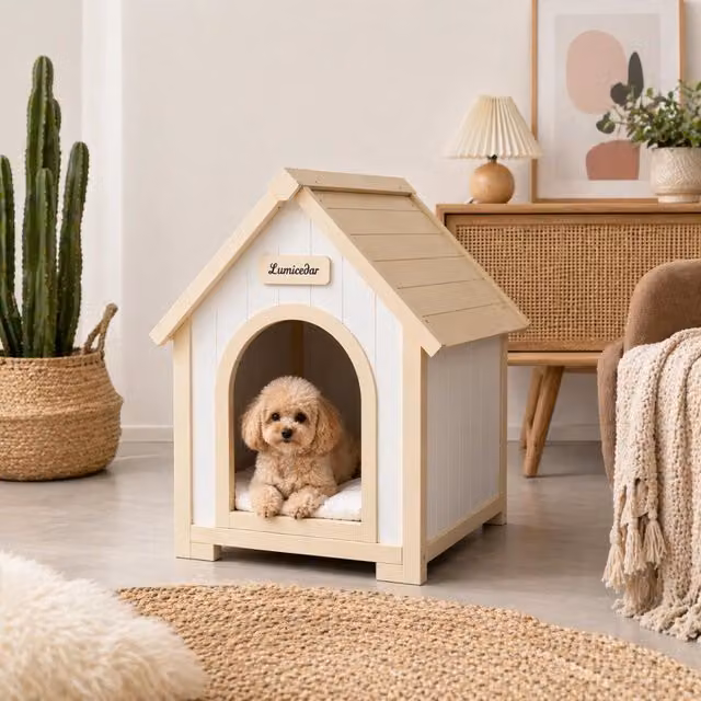 Cuccia per Cani e Gatti in Legno Massiccio FSC®, Design Scandinavo, Riparo Interno per Animali di Piccola Taglia