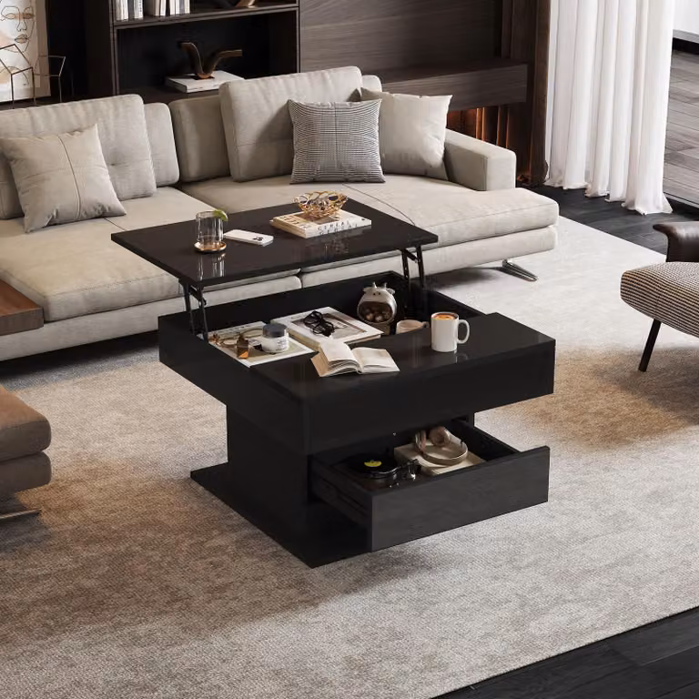 Tavolino STILVORA con 1 cassetto, piano superiore girevole a 360°, tavolino da caffè rialzabile, tavolino da salotto laccato lucido con spazio contenitivo nascosto, colore nero