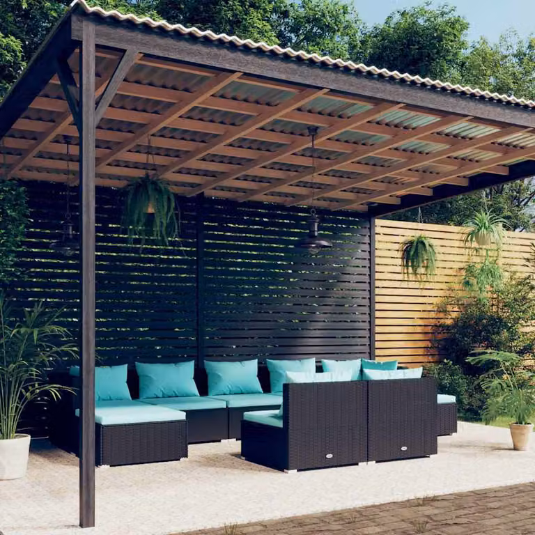 vidaXL Set Divani da Giardino 9 pz con Cuscini Blu e Nero in Polyrattan e Metallo