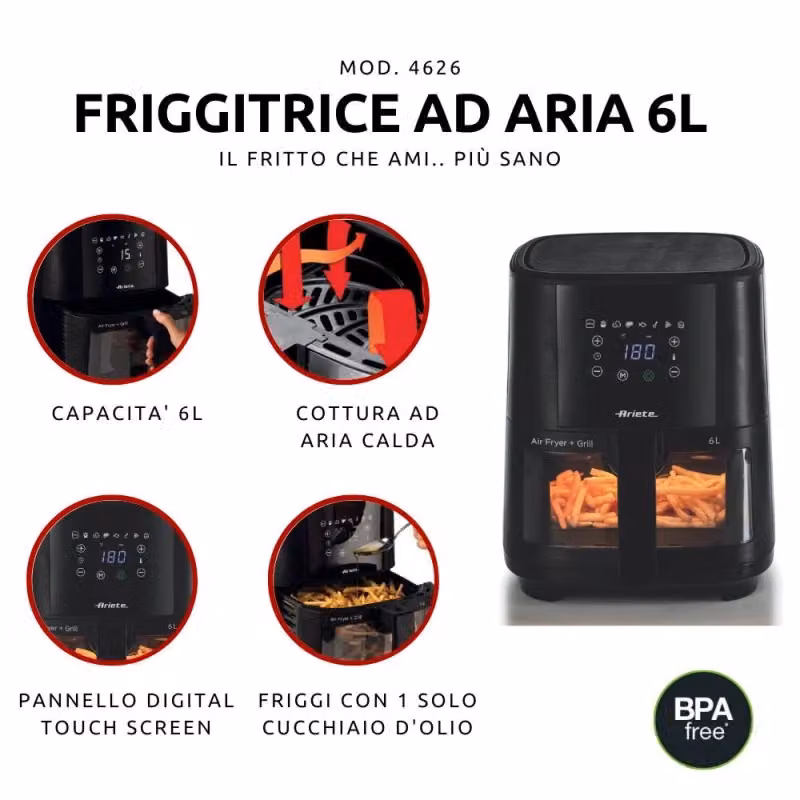 Friggitrice ad aria Ariete da 6L con display digitale, 1300W e 8 programmi preimpostati, colore nero – 2