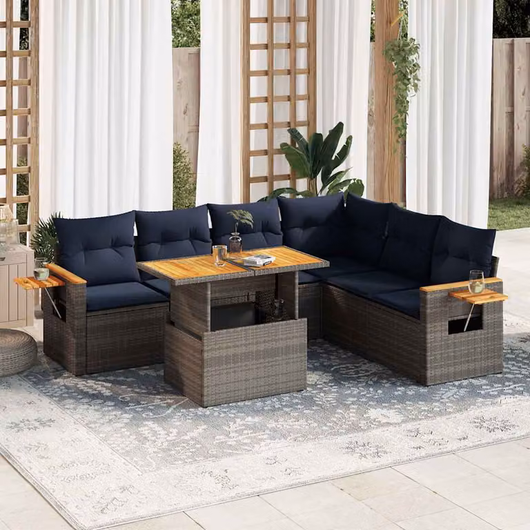 Set Divani da Giardino vidaXL 7pz a Forma di L in Polyrattan e Legno di Acacia con Cuscini e Tavolino, Grigio e Blu