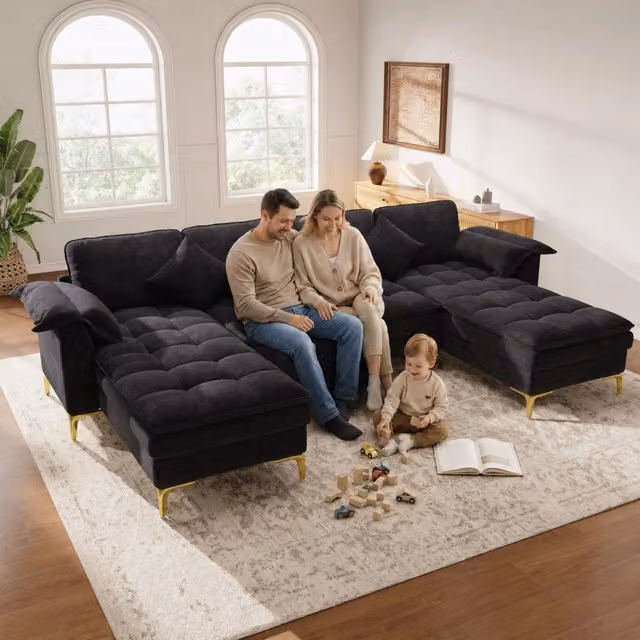 Divano angolare a U 4 posti; 262 x 134 x 86 cm; due chaise longue; rivestimento in ciniglia; nero