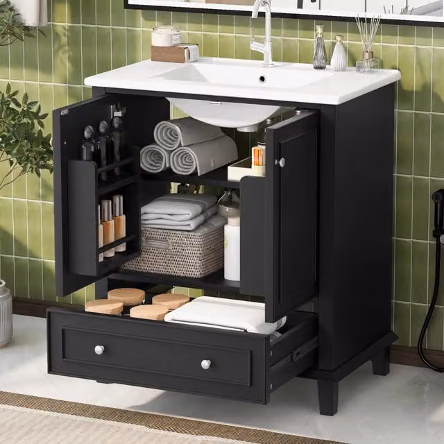 Mobile da Bagno con Lavabo in Ceramica ¨C MINIMAL ¨C Bianco/Nero, MDF, Massello, 73x46x87