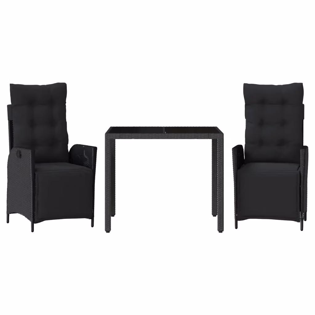 Set da Pranzo da Giardino 3 pz vidaXL in Polyrattan Nero con Cuscini e Tavolo in Vetro – 2