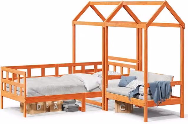 Letto singolo | Letto per adulti | Set Dormeuse con Tetto Marrone Cera 90x200 cm Massello Pino