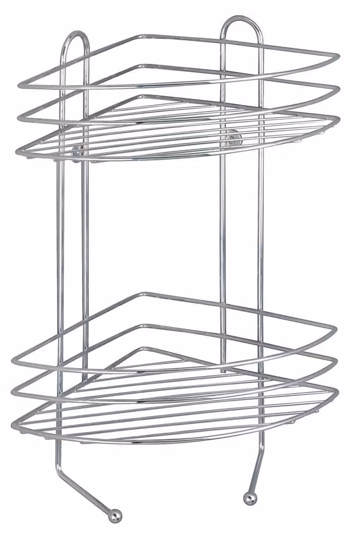 Scaffale a 2 ripiani con ganci, in acciaio, cromato, dimensioni 23x43x30,5 cm