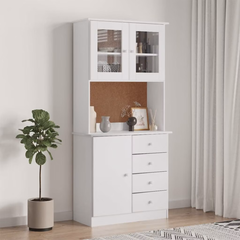 Credenza Alta vidaXL in Legno di Pino Bianco con Ante in Vetro e Cassetti, L/P/H: 77 x 35 x 165 cm