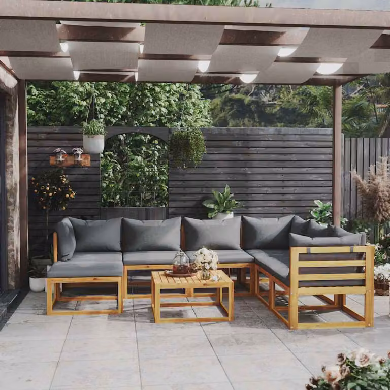 vidaXL Set Divani da Giardino 8 pz a Forma di L in Legno di Acacia con Cuscini Grigi e Tavolino