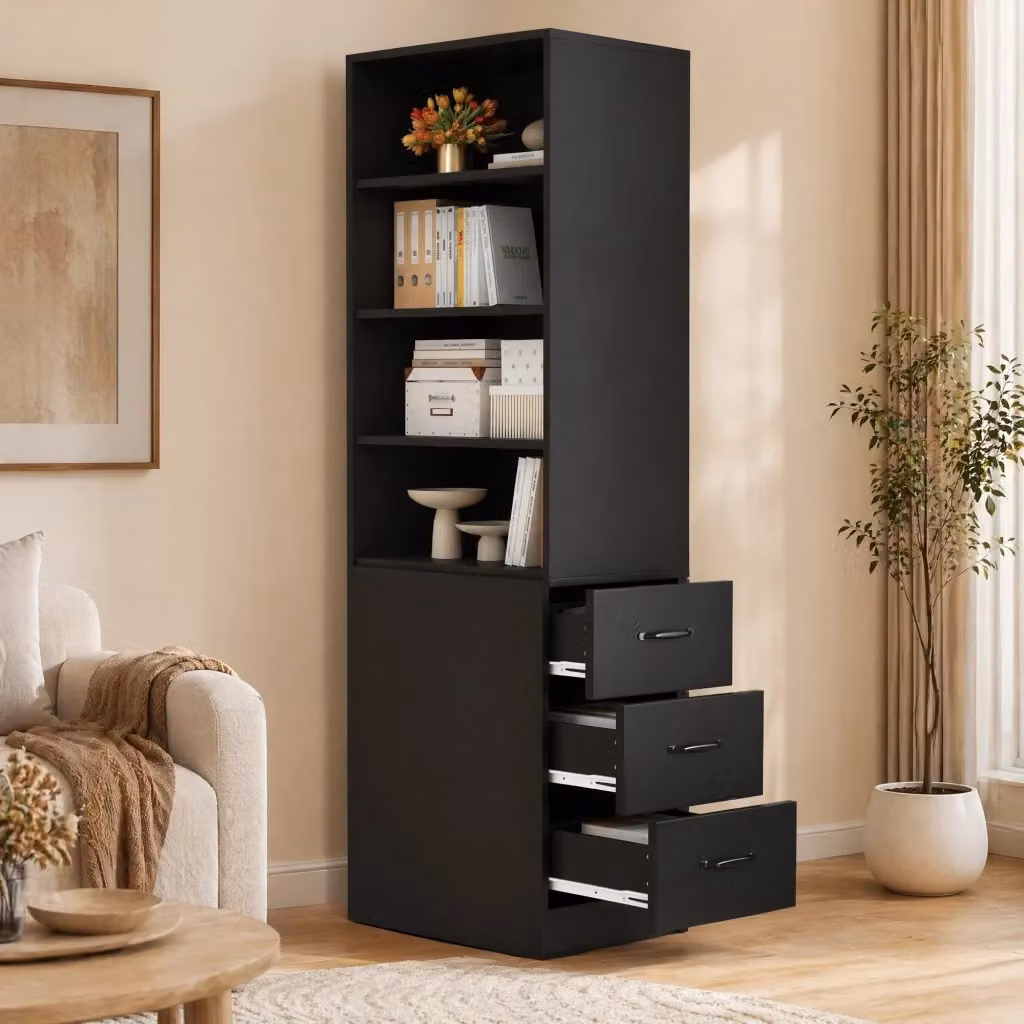 Libreria Mivray moderna in truciolare nero con tre cassetti laterali e due ripiani regolabili L: 60 cm, P: 38 cm, H: 180 cm – 2