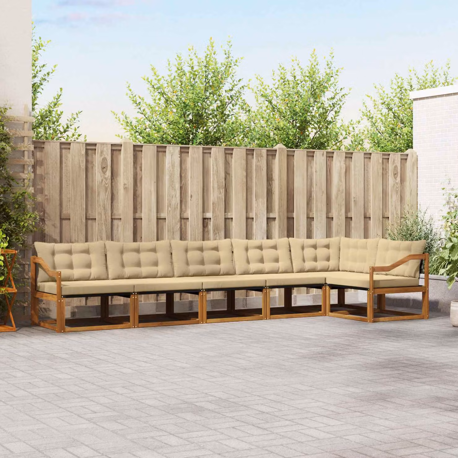 Set di divani da esterno vidaXL a forma di L composto da 6 pezzi in legno di acacia con cuscini beige e sabbia