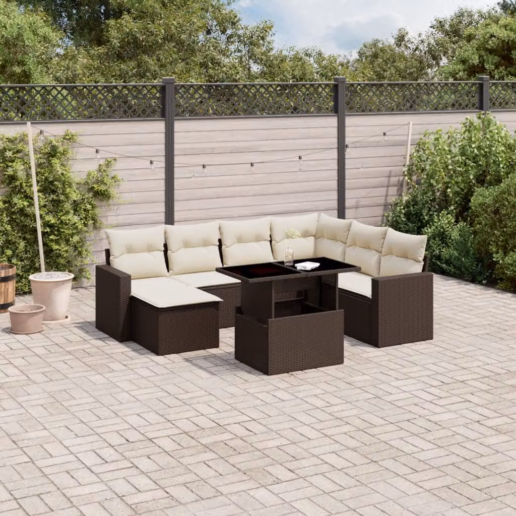 Set di divani da giardino vidaXL 8 pezzi in polyrattan marrone con cuscini e tavolino da esterno a forma di L – 1