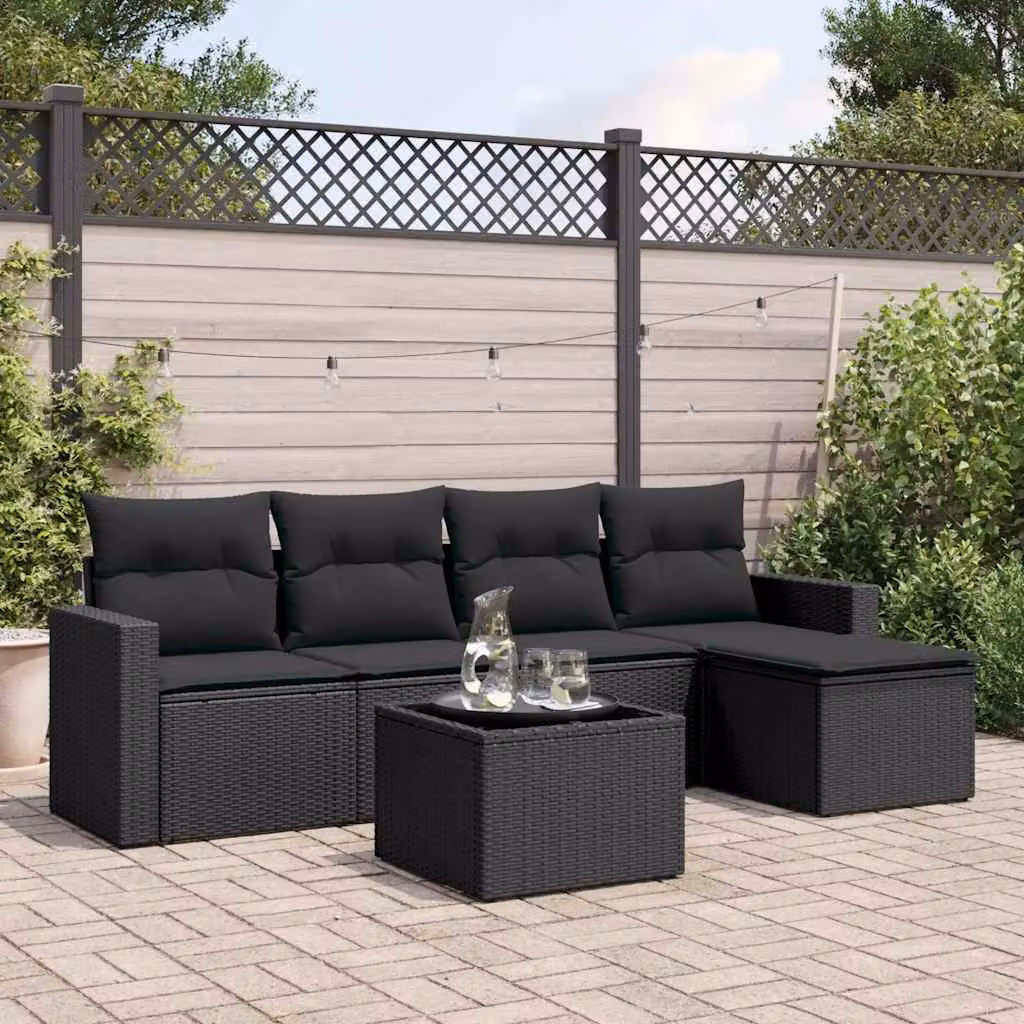 vidaXL Set Divano da Giardino 6 pz in Polyrattan Nero con Cuscini e Tavolino da Esterno a Forma di L – 1