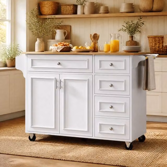 Isola da cucina REDOM bianca in MDF con piano ribaltabile, L: 110 cm, P: 75 cm, H: 92 cm