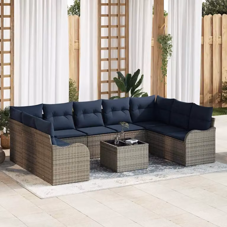 Set Divano da Giardino vidaXL 10 Pezzi a Forma di U in Polyrattan Grigio con Cuscini e Tavolino da Caffè