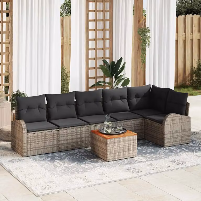 Set Divano da Giardino a L vidaXL 7 Pezzi Grigio con Tavolino e Cuscini in Polyrattan e Acciaio