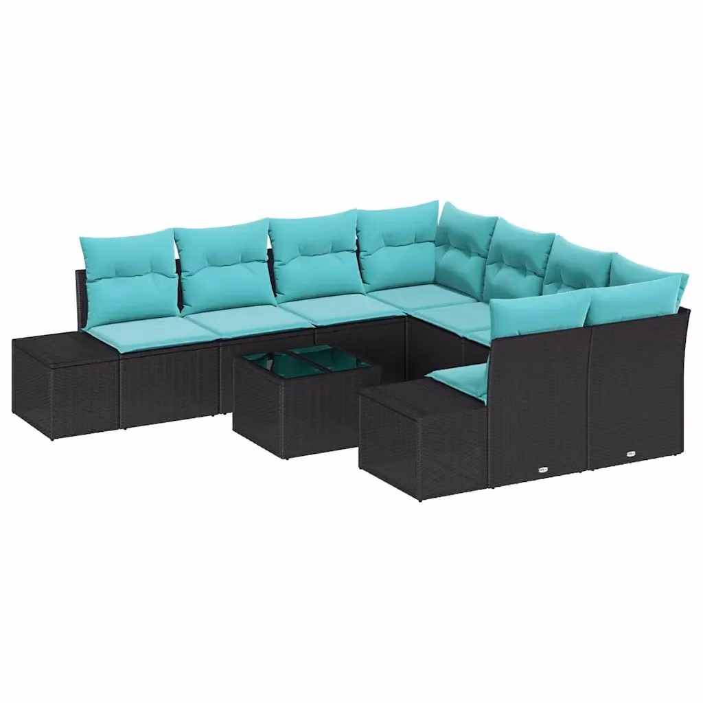 Set da giardino moderno vidaXL composto da 9 pezzi con divano a 3 posti, elementi angolari e tavolino da caffè, struttura in metallo nero e cuscini turchesi con rivestimenti rimovibili – 2