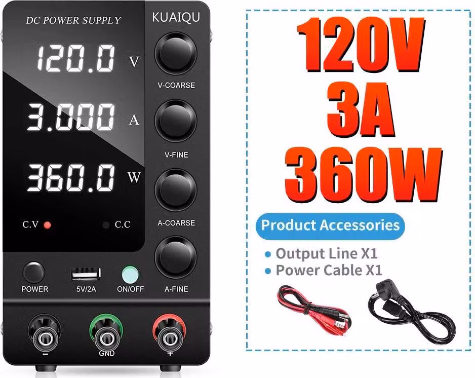 Alimentatore da laboratorio DC - SPS-C1203 - Regolabile da 0 a 120V e da 0 a 3A, 360W - Display digitale - Alimentatore compatto - Colore nero